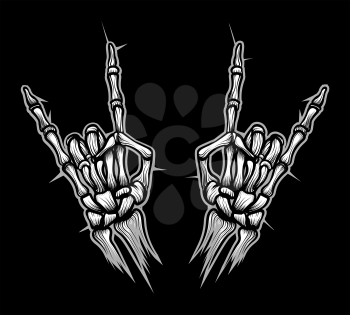 Engraving rock horn sign vector illustration. Devil skeleton heavy metal bones hands horns icon design