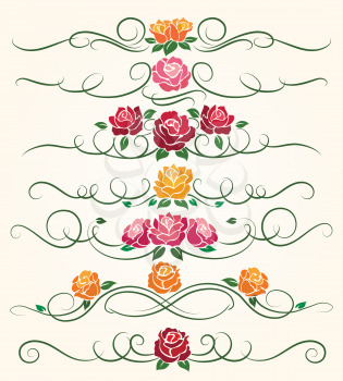 Decorative flourish borders and rose flower dividers calligraphic ornaments for spring invitations vector illustration