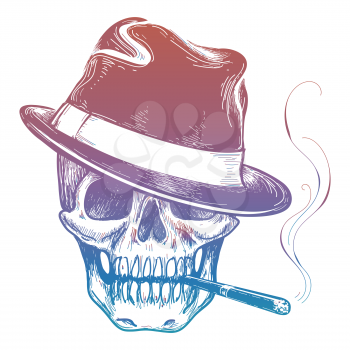 Colorful gangster human skull with cigarette sketch vector