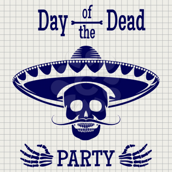 Day of dead poster design vector illustration. Human skull in sombrero and stones on notebook page background