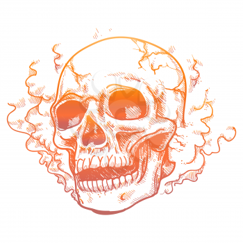 Hand drawn human skull in smoke smell. Vector colorful tatoo design
