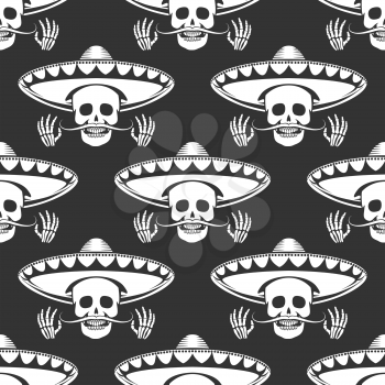 Seamless pattern with mustache human skull in sombrero and cross hands. Vector illustration