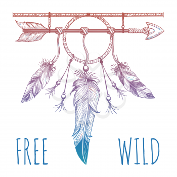 Sketch of native american accessoriy with arrow and feathers and sign free wild. Vector illustration