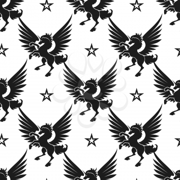 Seamless pattern with black unicorn and stars on white background. Vector illustration