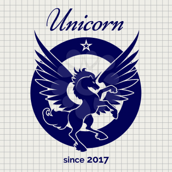 Vintage unicorn logo design on notebook page backdrop. Vector illustration