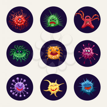 Colorful icons with microbes or monsters on blue circles. vector illustration