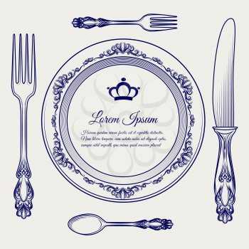 Dinner ready vector illustration with cutlery vintage set. Ball pen sketch of cutlery and royal plate frame