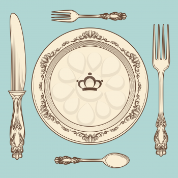 Hand drawn vintage cutlery and plate on blue background. Vector illustration