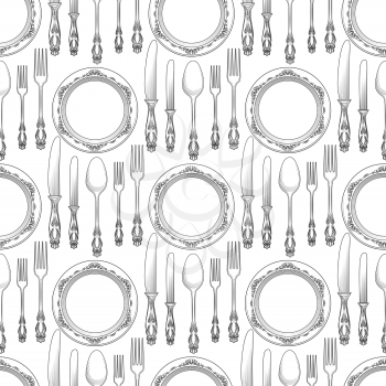 Table setting seamless pattern vector illustration. Background with plate and cutlery