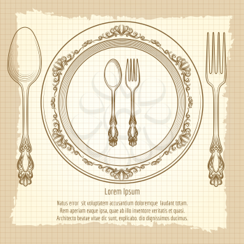 Table setting vintage poster design vector illustration. Notebook background with cutlery