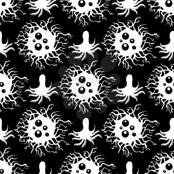 Seamless pattern with white microbes and immune bacteries on black backdrop. Vector illustration