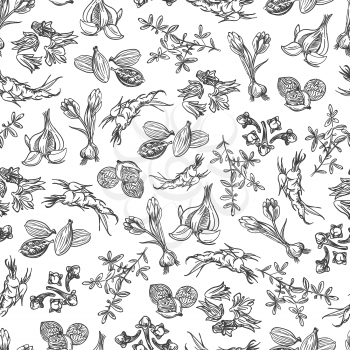 Hand drawn spice seamless pattern. Black and white background vector illustration