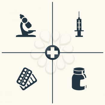 Medical icons set. Vector microscope syringe and pills icons