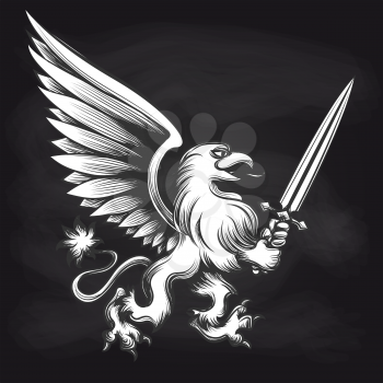 Hand drawn engraving griffin with sword isolated on chalkboard black and white sticker. Vector illustration