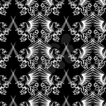 Seamless pattern with white hand drawn heraldy gryphon with sword on black background. Vector illustration