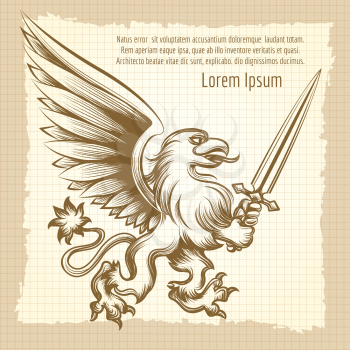 Vintag background with hand drawn heraldy gryphon with sword.Vector illustration