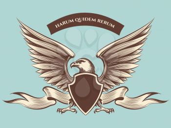 Vintage american eagle mascot vector icon. Eagle with shield, wings and ribbon