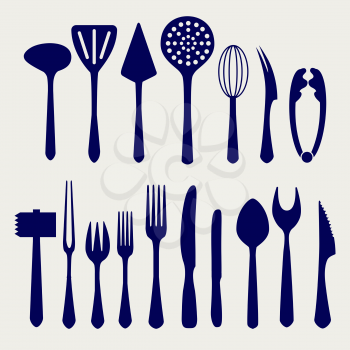 Fork, knife, spoon and other cutlery icons on grey backgound. Vector illustration