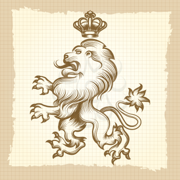 Hand drawn royal lion on vintage background. Vector vintage poster with engraving lion design