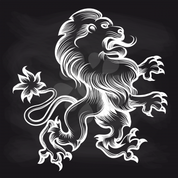 Hand drawn white engraving royal lion on blackboard background. Vector illustration