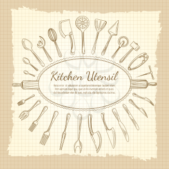 Kitchen vintage background with hand drawn utensil or crockery and decorative frame. Vector illustration
