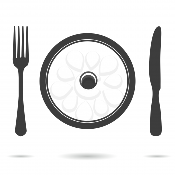 Plate, fork and knife icon. Vector black cutlery icon isolated on white