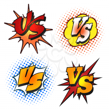 Vector versus letters or VS icons in cartoon grunge style. Battle confrontation patches isolated on white background