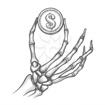 Skeleton hand with coin hand drawn vector illustration. Bones holding dollar