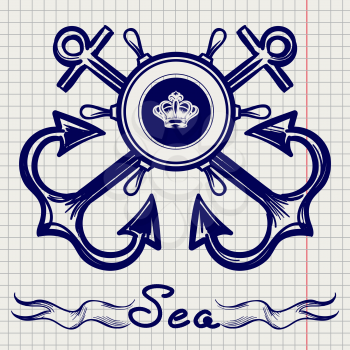Royal fleet emblem design with hand drawn elements on notebook page. Vector illustration