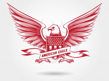 Sketched american bald eagle with shied with stars and stripes and ribbon banner. Vector eagle emblem design