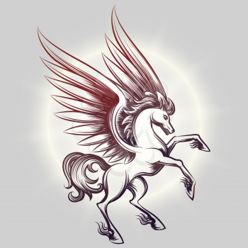 Sketched Pegasus with wings in light round on grey backdrop. Vector illustration