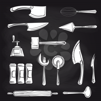 Black and white cutlery on chalkboards background. Vector hand drawn knifes scoop and other cutlery objects