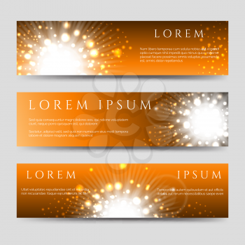 Abstract horizontal banners collection with golden flashes of light and stars. Vector illustration