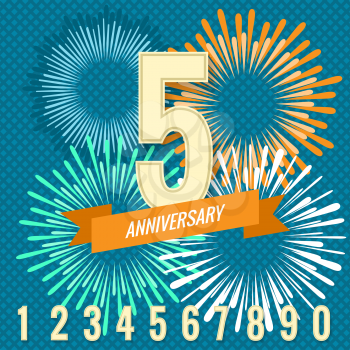 Anniversary celebration banner with fireworks and numbers. Vector illustration