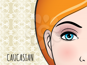 Poster design with woman of Caucasian type on decorative background. Vector illustration
