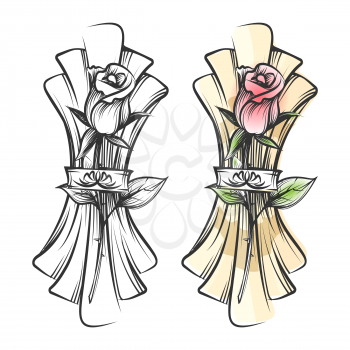 Hand drawn rose and napkin. Vector black and white sketch and colorful table setting