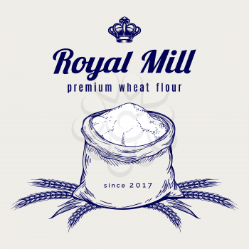 Hand drawn whole bag of wheat flour. Vector premium mill product emblem