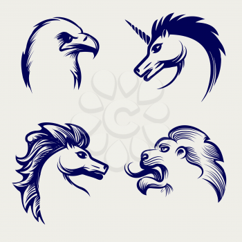 Engraving style animal design. Vector heads of horse, eagle, lion and unicorn