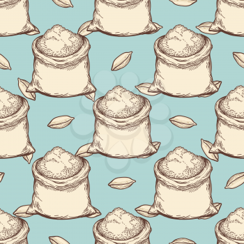 Vintage wheat flour whole bags and grains seamless pattern. Vector illustration