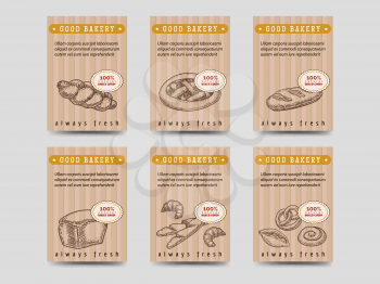 Bakery products brochure flyer template design. Vector cards with bread and buns