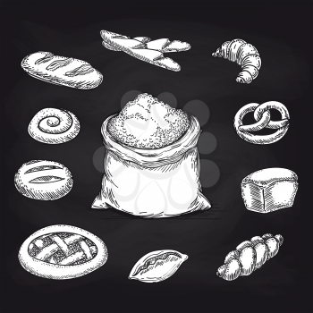 Bakery products collection and whole bag of wheat flour on chalkboard. Vector illustration