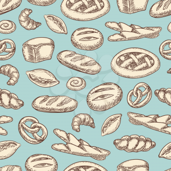 Vintage bakery seamless pattern. Vector background with bread, buns, croissant etc