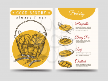Baked goods yellow brochure flyer template, vector illustration