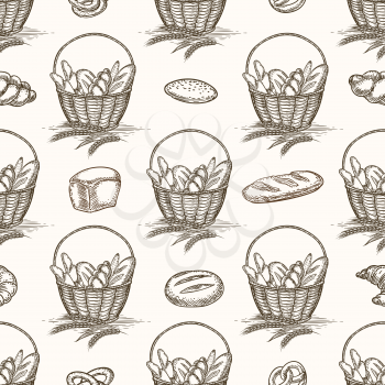 Baked goods seamless pattern. Vector bread basket and buns background