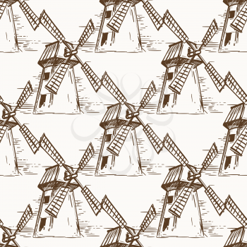 Hand drawn mill seamless pattern. Vector farm or agricultural seamless texture