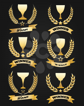 Golden winner cups with ribbon and wheat wreaths isolated on black. Vector illustration