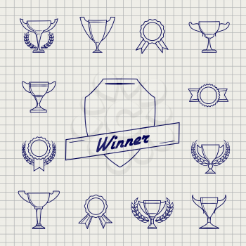 Linear awards icons set on notebook page. Vector illustration