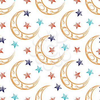 Ornate moon and colorful stars seamless pattern. Vector illustration