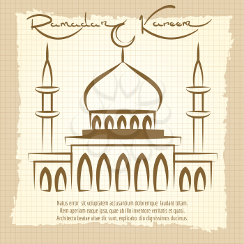Ramadan Kareem ancient scroll background. Vector vintage poster with mosque