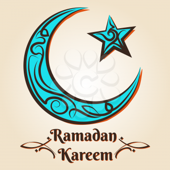 Ramadan Kareem logo. Vector arabic islamic emblem with ornate moon and star
